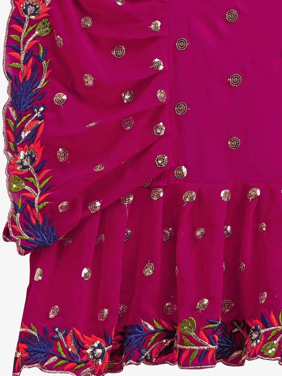 Evanik Rani Pink Embroidered Work Ruffled Saree With Unstitched Blouse - Distacart