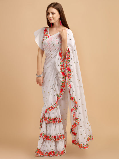 Lorenvalley Fashion White Faux Georgette Ruffle Saree with Fancy Sequence work & Blouse - Distacart