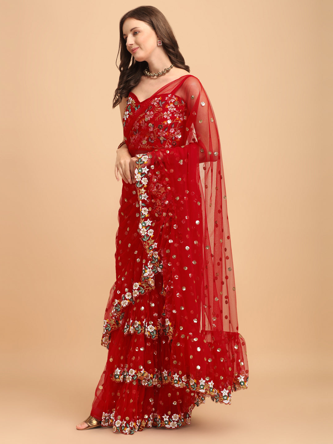 Lorenvalley Fashion Red Butterfly Net Ruffle Saree with Fancy Sequence work & Blouse - Distacart