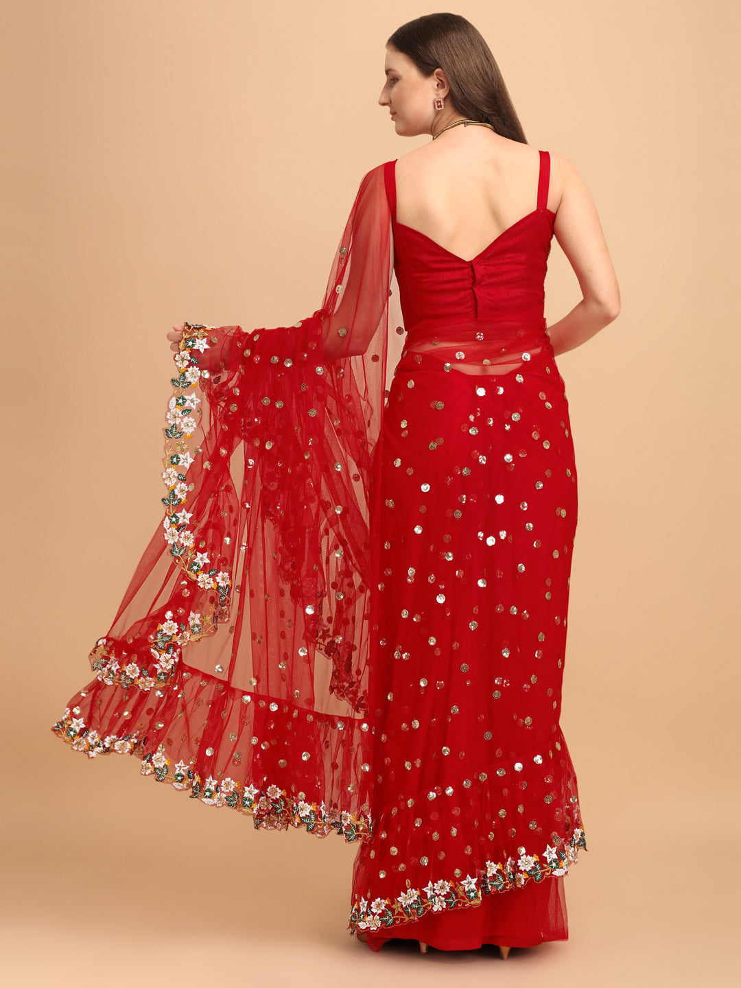 Lorenvalley Fashion Red Butterfly Net Ruffle Saree with Fancy Sequence work & Blouse - Distacart