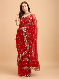 Thumbnail for Lorenvalley Fashion Red Butterfly Net Ruffle Saree with Fancy Sequence work & Blouse - Distacart