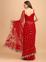 Thumbnail for Lorenvalley Fashion Red Butterfly Net Ruffle Saree with Fancy Sequence work & Blouse - Distacart
