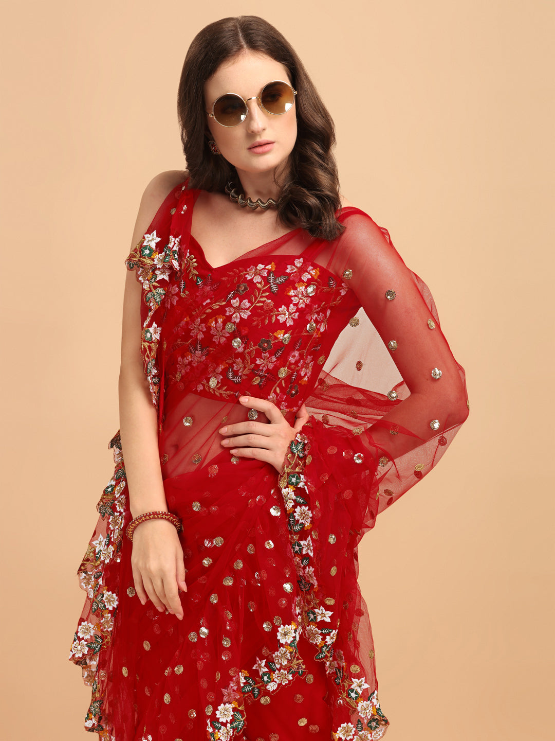 Lorenvalley Fashion Red Butterfly Net Ruffle Saree with Fancy Sequence work & Blouse - Distacart