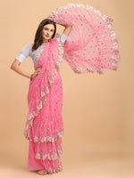 Thumbnail for Lorenvalley Fashion Pink Butterfly Net Ruffle Saree with Fancy Sequence work & Blouse - Distacart