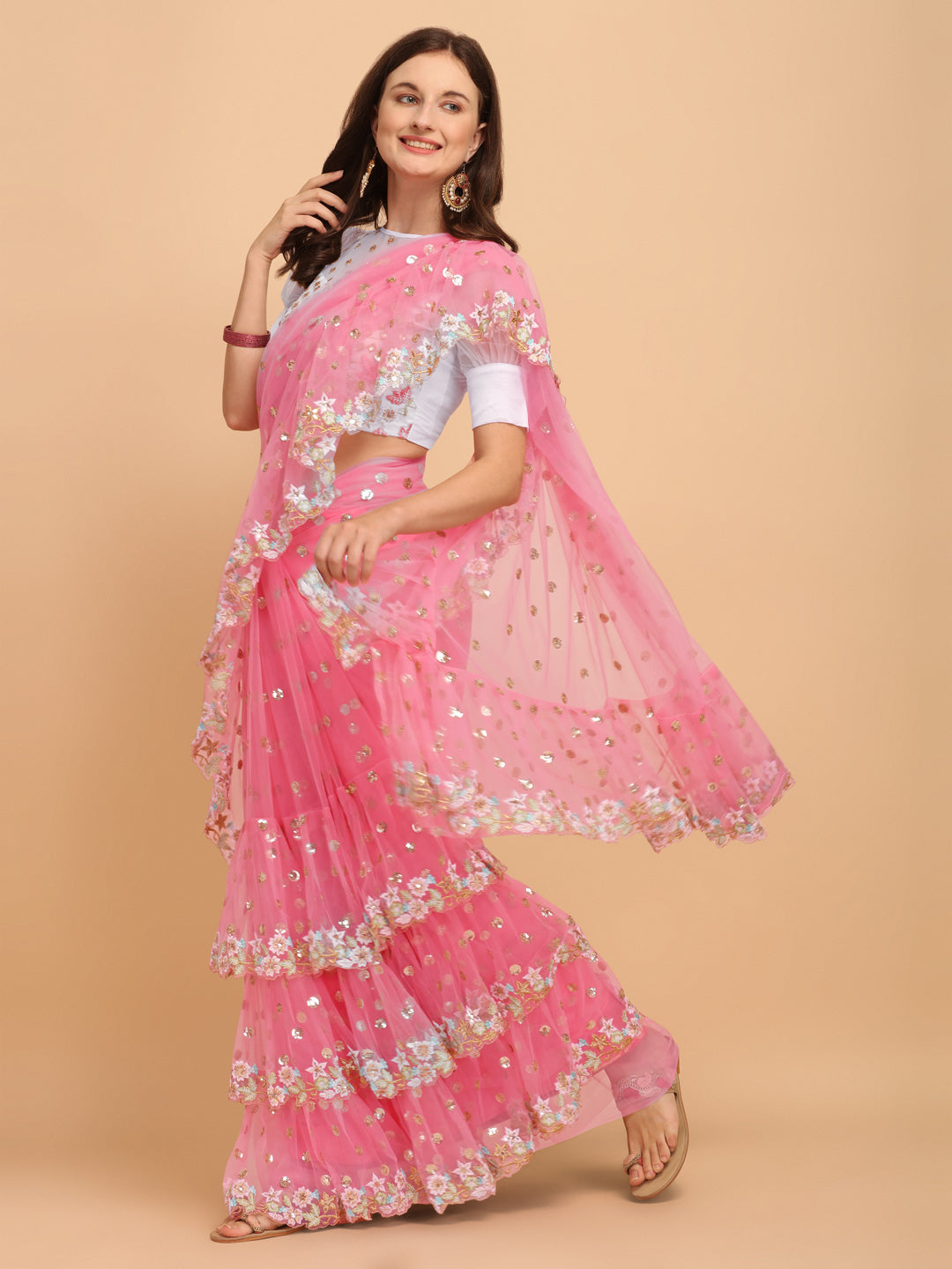 Lorenvalley Fashion Pink Butterfly Net Ruffle Saree with Fancy Sequence work & Blouse - Distacart