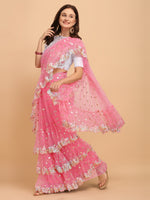 Thumbnail for Lorenvalley Fashion Pink Butterfly Net Ruffle Saree with Fancy Sequence work & Blouse - Distacart