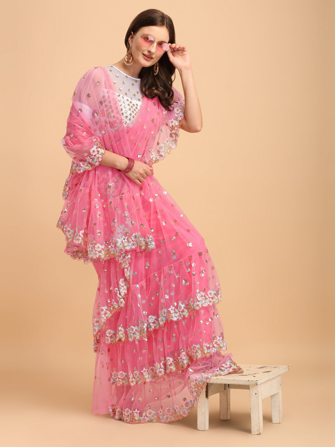 Lorenvalley Fashion Pink Butterfly Net Ruffle Saree with Fancy Sequence work & Blouse - Distacart