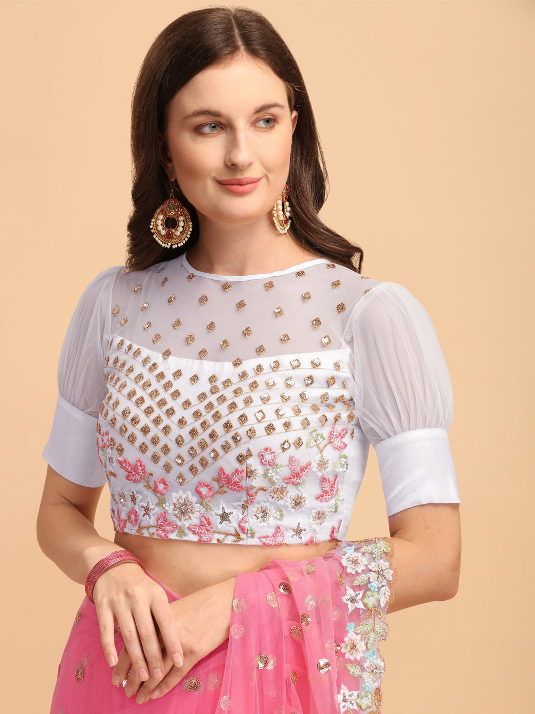 Lorenvalley Fashion Pink Butterfly Net Ruffle Saree with Fancy Sequence work & Blouse - Distacart