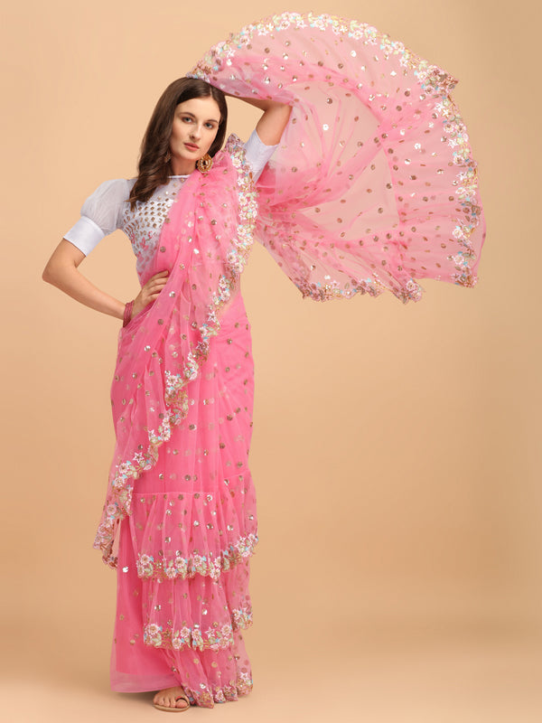 Lorenvalley Fashion Pink Butterfly Net Ruffle Saree with Fancy Sequence work & Blouse - Distacart