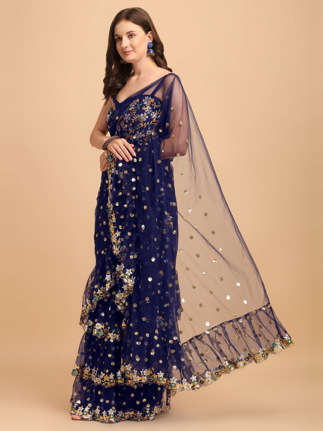 Lorenvalley Fashion Blue Butterfly Net Ruffle Saree with Fancy Sequence work & Blouse - Distacart