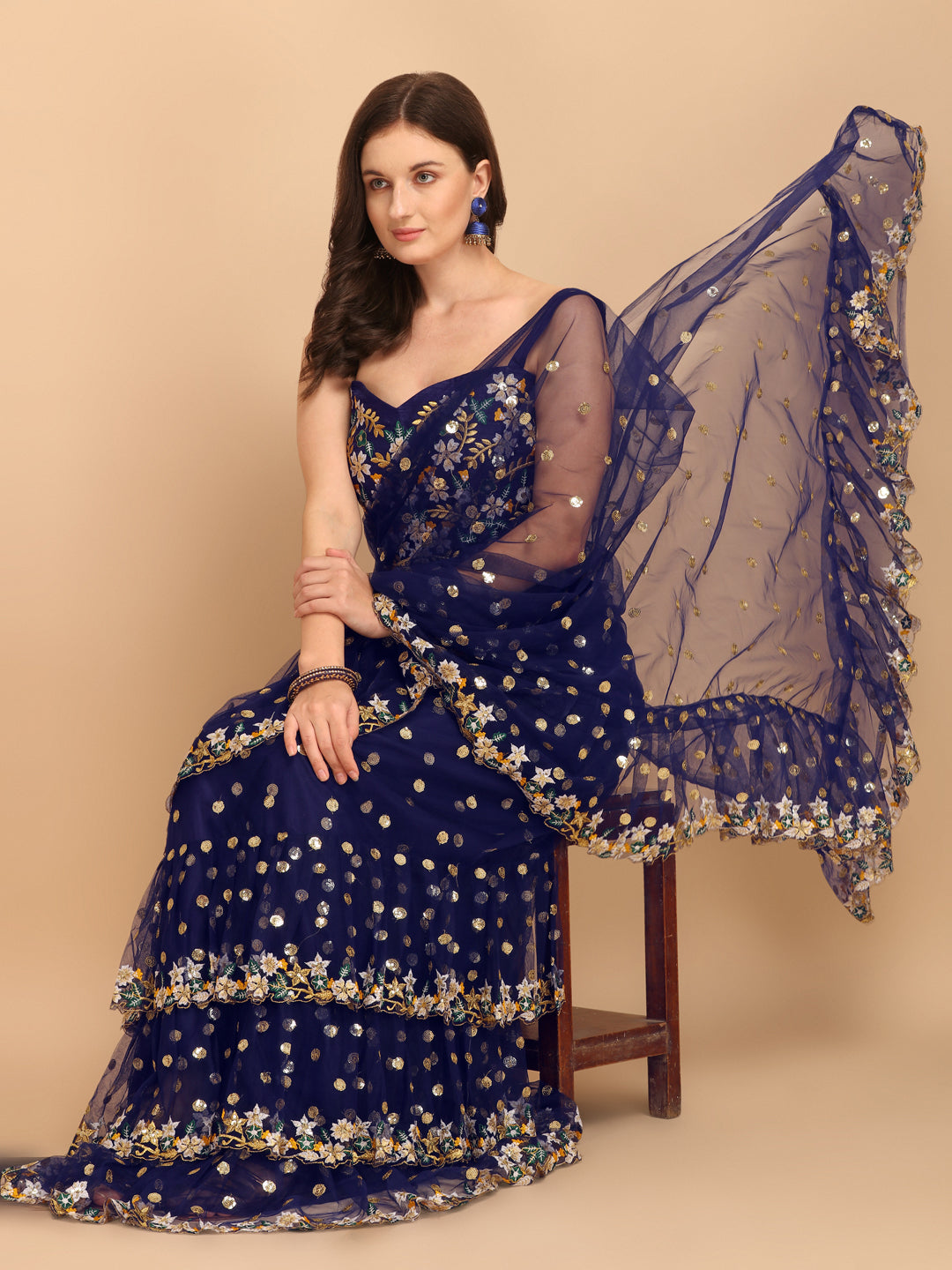 Lorenvalley Fashion Blue Butterfly Net Ruffle Saree with Fancy Sequence work & Blouse - Distacart