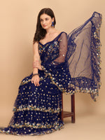 Thumbnail for Lorenvalley Fashion Blue Butterfly Net Ruffle Saree with Fancy Sequence work & Blouse - Distacart