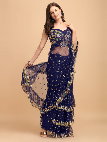 Lorenvalley Fashion Blue Butterfly Net Ruffle Saree with Fancy Sequence work & Blouse - Distacart