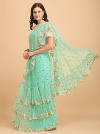 Thumbnail for Lorenvalley Fashion Seagreen Butterfly Net Ruffle Saree with Fancy Sequence work & Blouse - Distacart