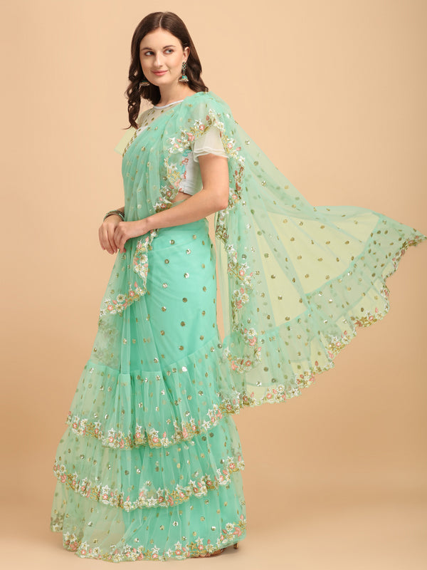 Lorenvalley Fashion Seagreen Butterfly Net Ruffle Saree with Fancy Sequence work & Blouse - Distacart