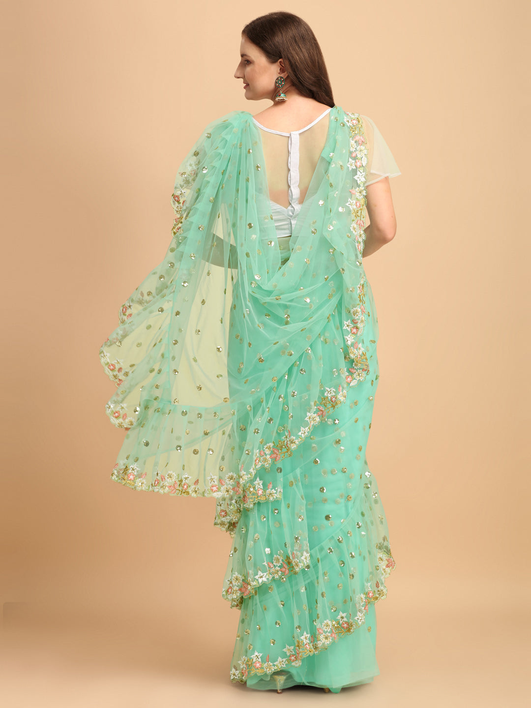 Lorenvalley Fashion Seagreen Butterfly Net Ruffle Saree with Fancy Sequence work & Blouse - Distacart