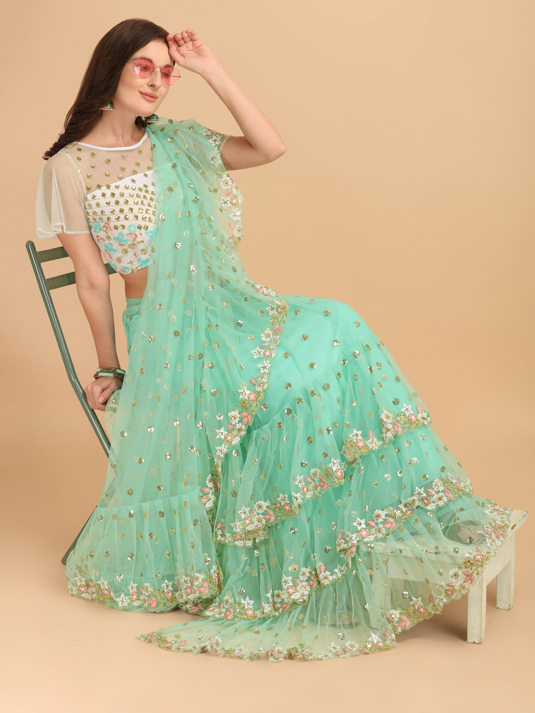 Lorenvalley Fashion Seagreen Butterfly Net Ruffle Saree with Fancy Sequence work & Blouse - Distacart
