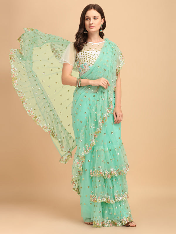 Lorenvalley Fashion Seagreen Butterfly Net Ruffle Saree with Fancy Sequence work & Blouse - Distacart