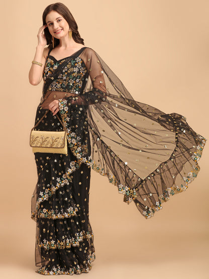 Lorenvalley Fashion Black Butterfly Net Ruffle Saree with Fancy Sequence work & Blouse - Distacart
