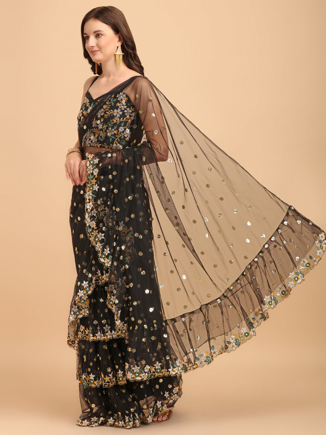 Lorenvalley Fashion Black Butterfly Net Ruffle Saree with Fancy Sequence work & Blouse - Distacart