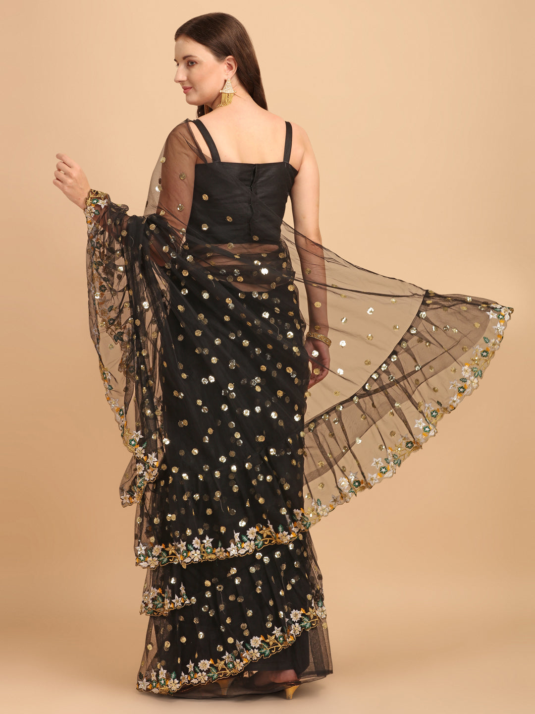 Lorenvalley Fashion Black Butterfly Net Ruffle Saree with Fancy Sequence work & Blouse - Distacart