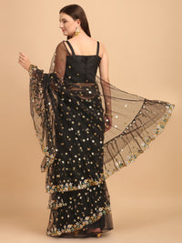 Thumbnail for Lorenvalley Fashion Black Butterfly Net Ruffle Saree with Fancy Sequence work & Blouse - Distacart