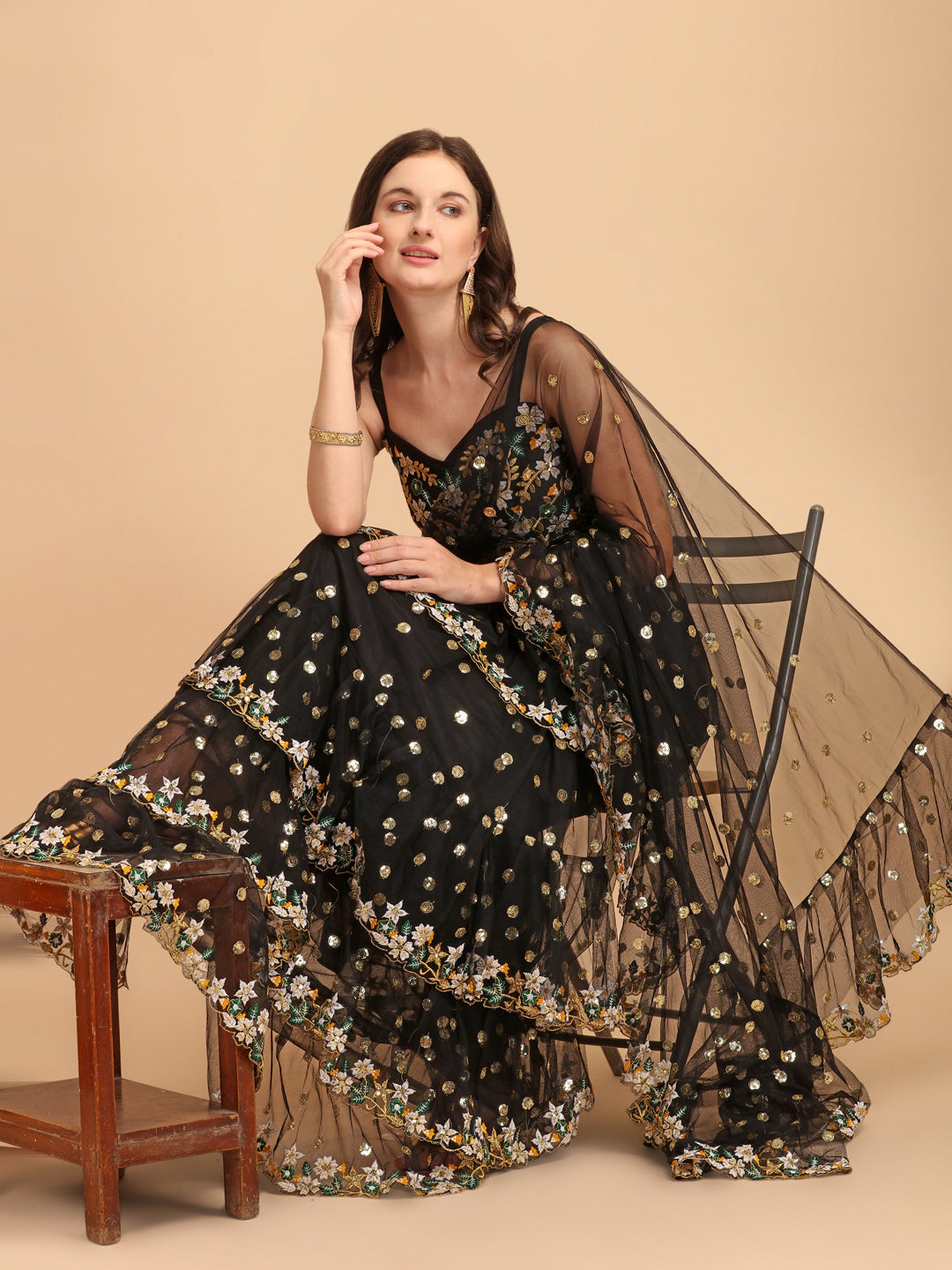Lorenvalley Fashion Black Butterfly Net Ruffle Saree with Fancy Sequence work & Blouse - Distacart