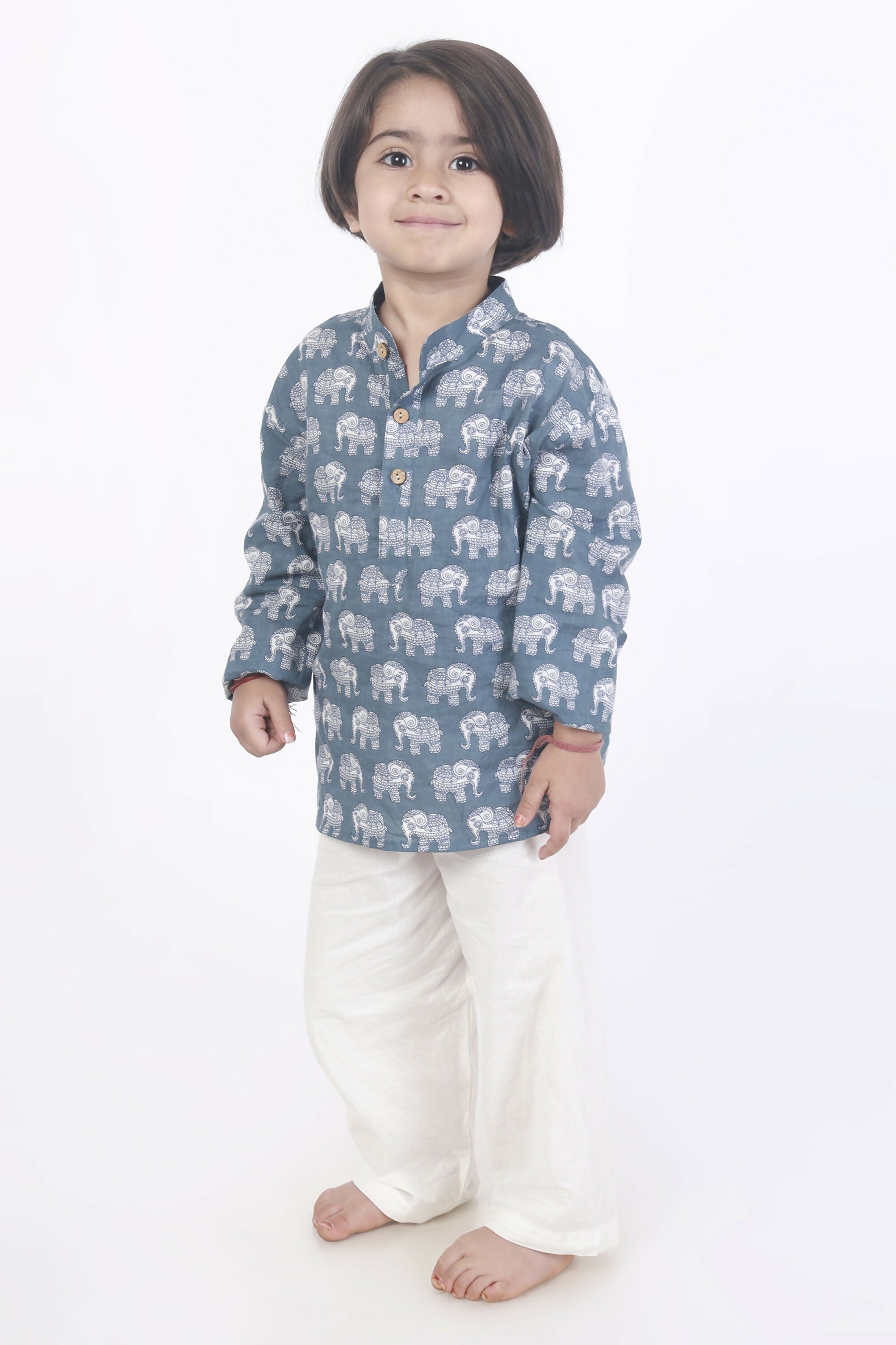 Breathables Kids Boys & Girls Cotton Night Suit – Grey Elephant Print Kurta & Pyjama Co-Ord Set - Dista