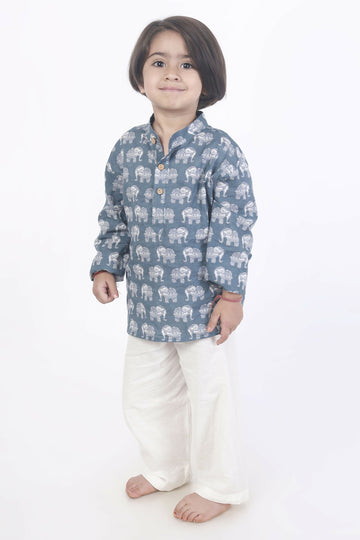 Breathables Kids Boys & Girls Cotton Night Suit – Grey Elephant Print Kurta & Pyjama Co-Ord Set - Dista