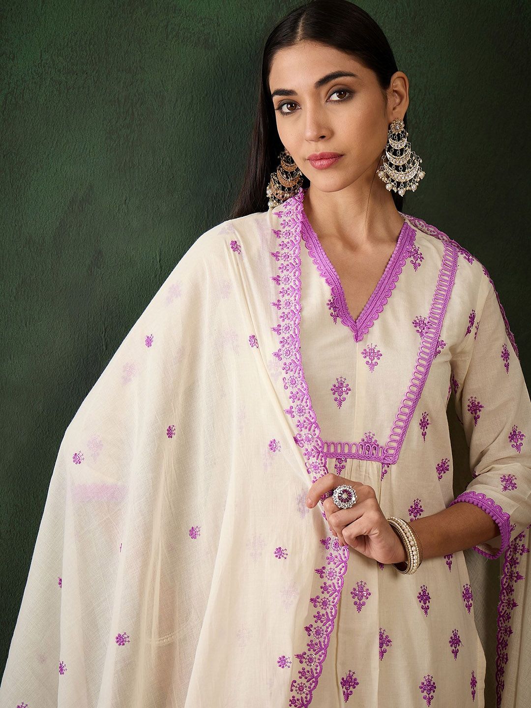 Sangria Purple Floral Embroidered Thread Work Pure Cotton Kurta & Palazzos With Dupatta - Distacart