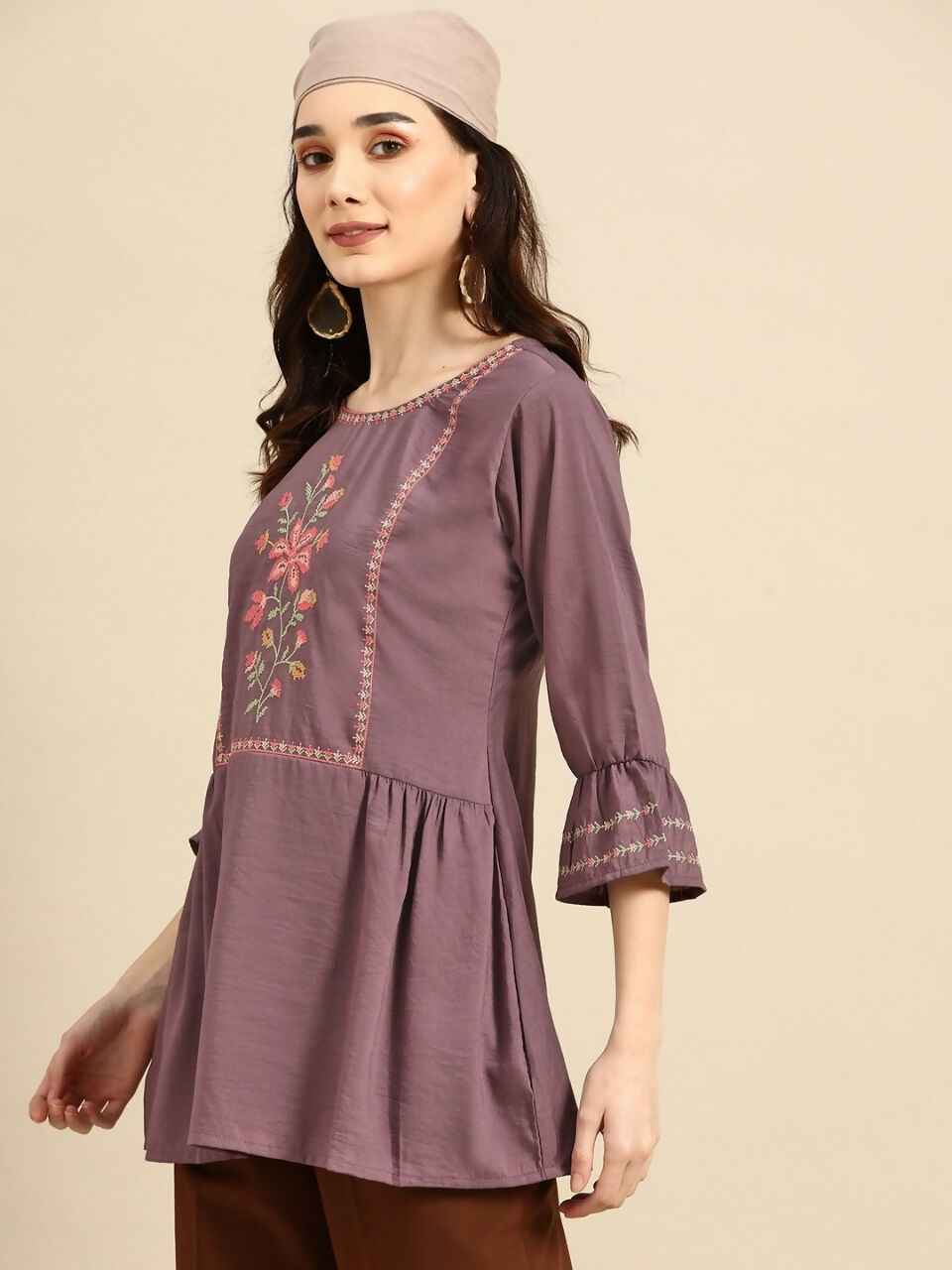 Women's Purple Viscose blend Embroidered Short Top - Marina - Distacart