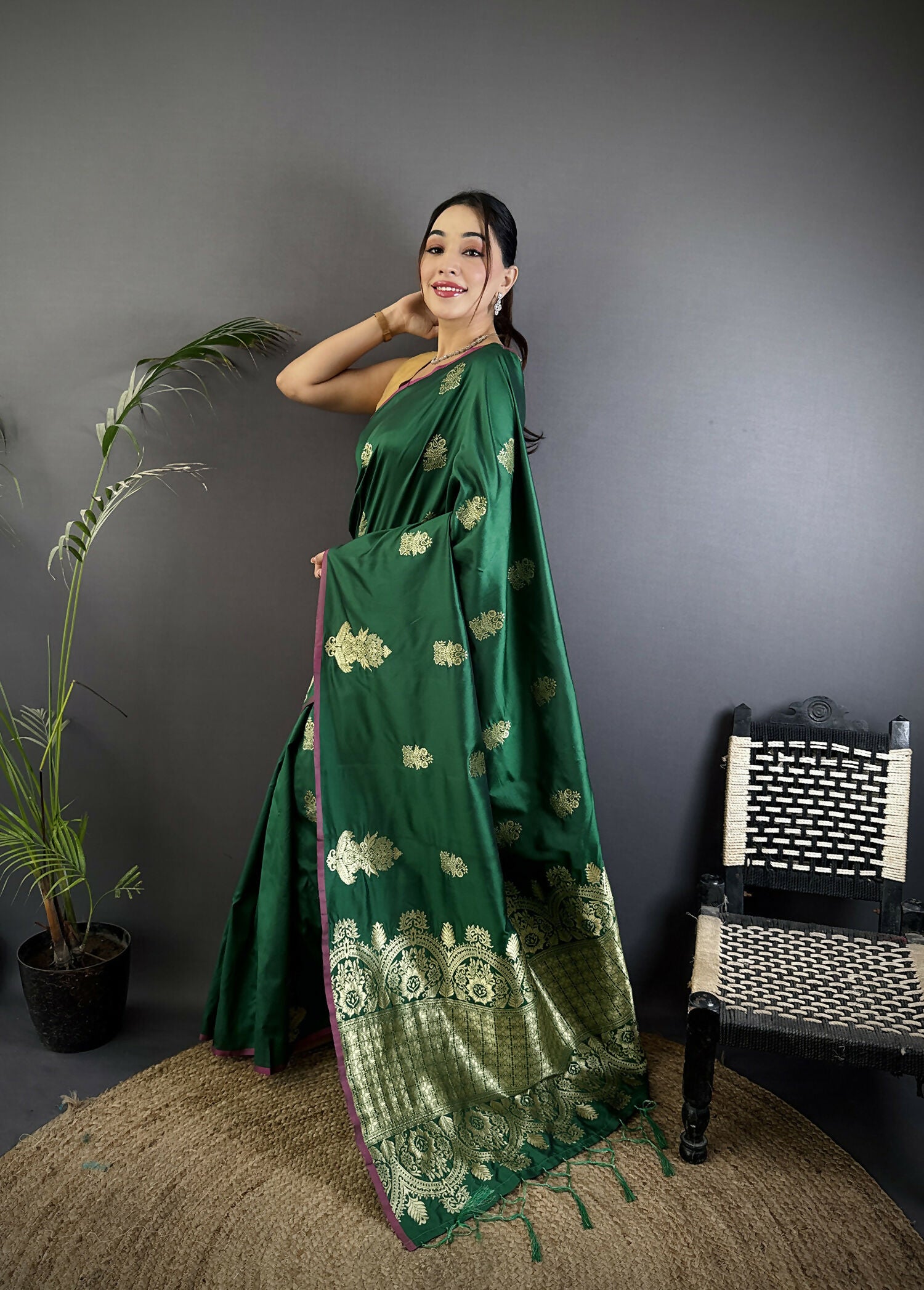 Joban Fashion Dark Green Banarasi Lichi Silk Gold Zari Meena Saree