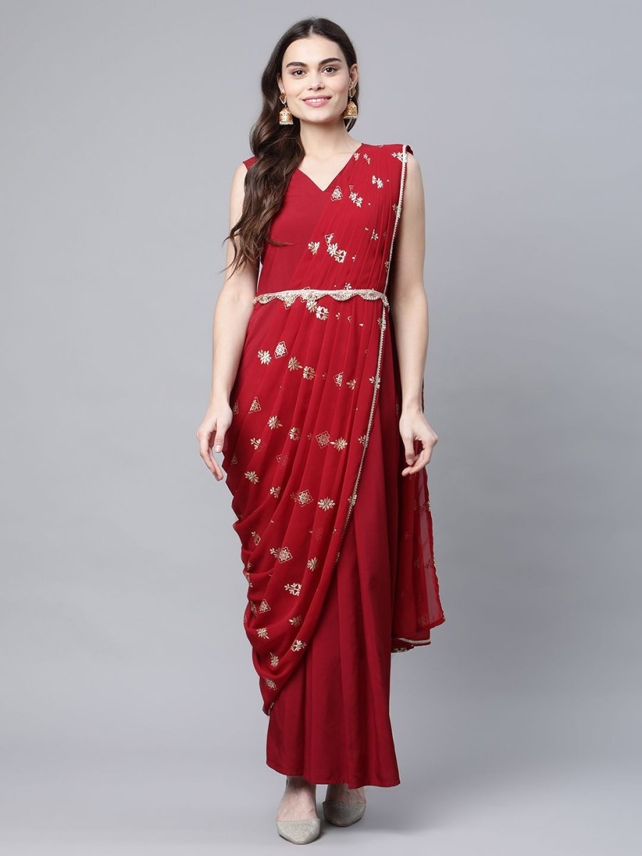 Ahalyaa Women Maroon Crepe Georgette Printed Saree Dress With Printed Pallu - Distacart