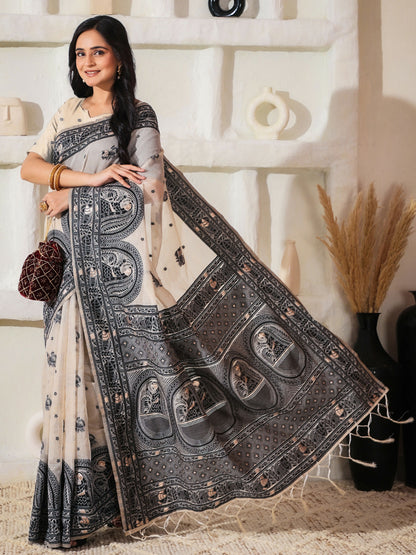 Shree Shyam Fashion Linen Cotton Black & Cream Saree - Distacart