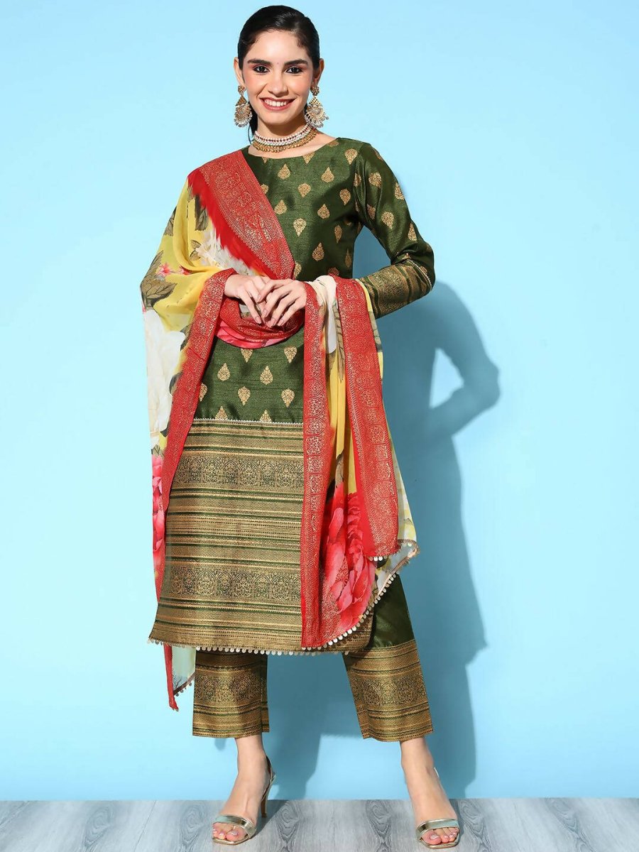 Ahalyaa Women's Olive Colour Poly Silk Gold Printed Kurta Pant Set With Dupatta - Distacart