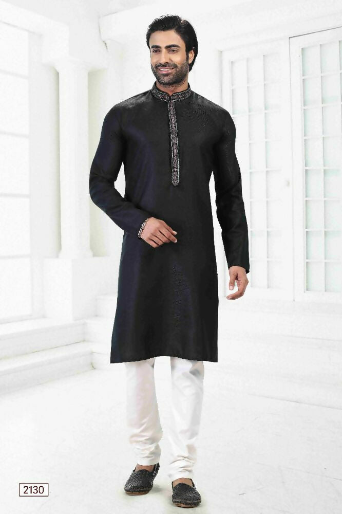 Raivat Ethnic Linen Cotton Thread Work Kurta Pajama In Black Colour - Dista