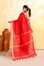Thumbnail for Piyari Fashion Women's Red Embellished Cotton Blend Zari Border Handloom Saree - Distacart