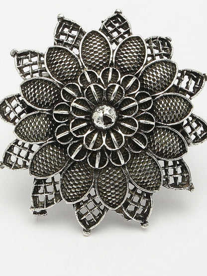 NVR Women's Silver-Toned Floral Shape Adjustable Finger Ring - Distacart