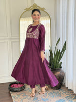 Thumbnail for The52 Purple Women's Gorgeous Embroidered Vichitra Silk Fabric Flared Kurta Pant with Dupatta Set - Distacart