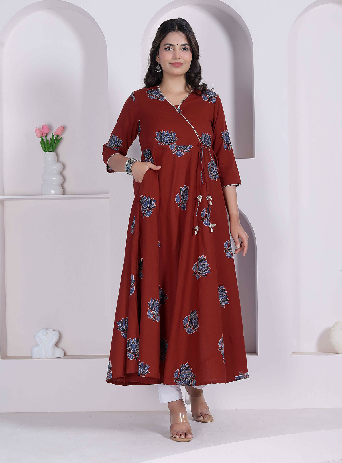 Miravan Womens Rust Floral Printed Pure Cotton Gota Patti Angrakha Kurta - Dista