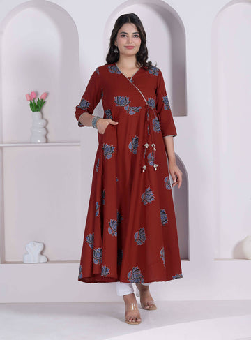Miravan Womens Rust Floral Printed Pure Cotton Gota Patti Angrakha Kurta - Dista