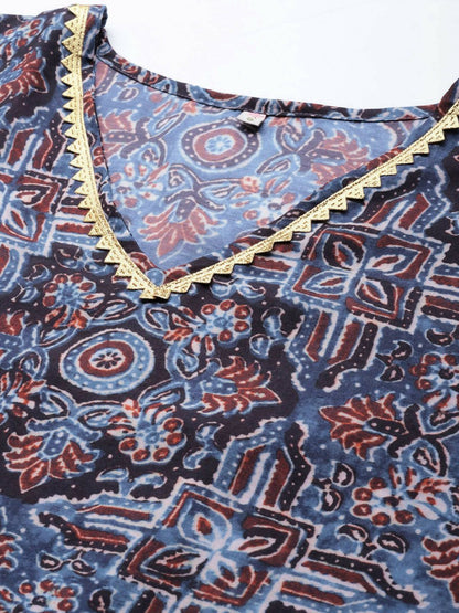 Ahalyaa Navy Blue & Maroon Floral Print Kaftan Kurta - Distacart