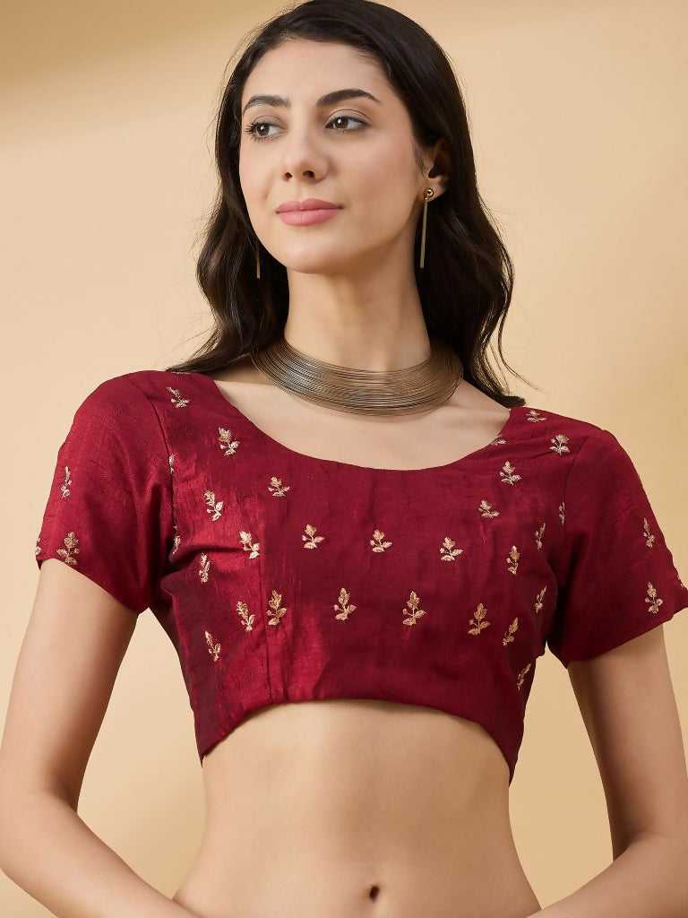 Maroon Silk Blend Embroidered Saree with Unstitched Blouse - Vairagi - Distacart