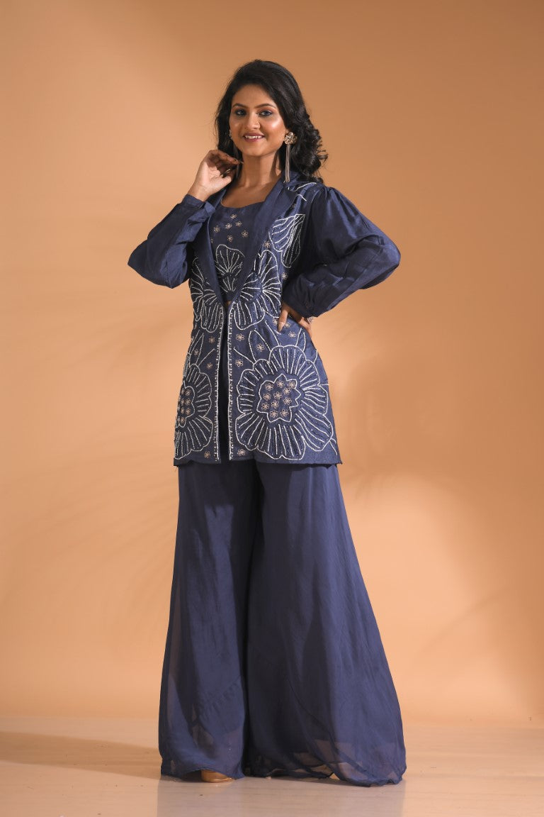 Morchari 3Pc Palazzo Set With Hand Embroidery - Blue - Distacart
