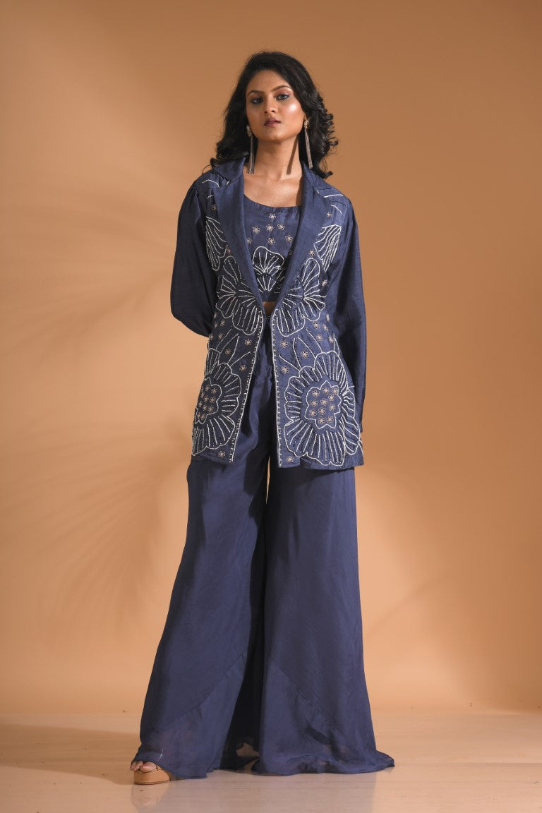 Morchari 3Pc Palazzo Set With Hand Embroidery - Blue - Distacart