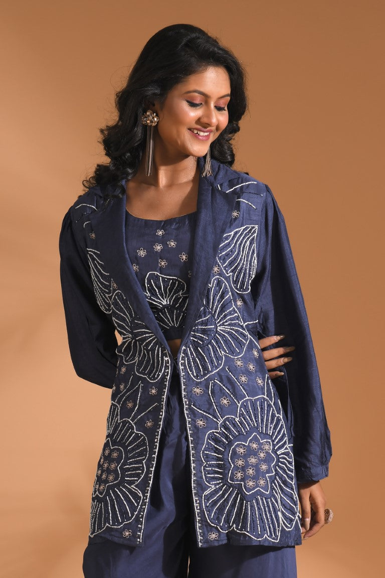 Morchari 3Pc Palazzo Set With Hand Embroidery - Blue - Distacart