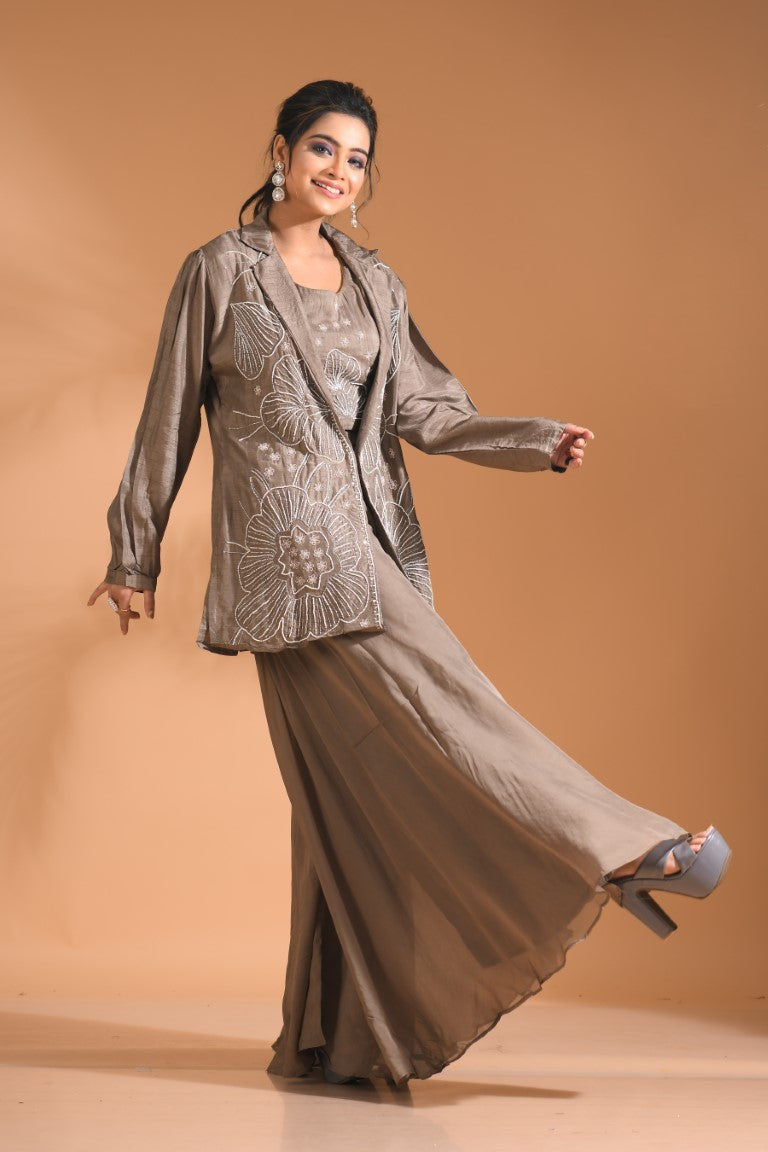 Morchari 3Pc Palazzo Set With Hand Embroidery - Blue - Distacart