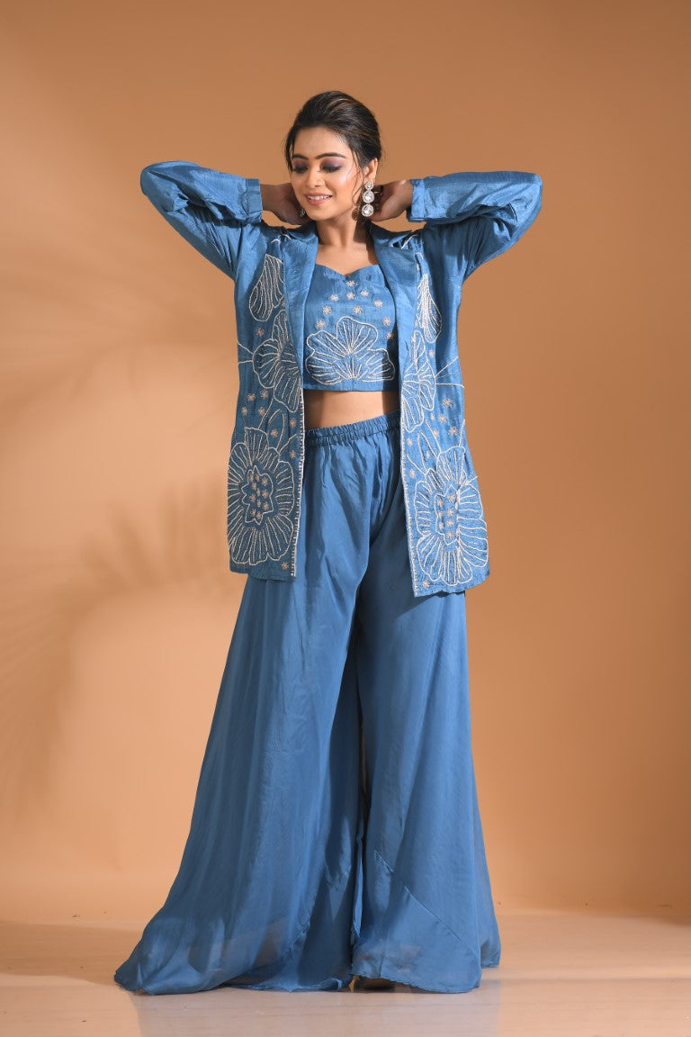 Morchari 3Pc Palazzo Set With Hand Embroidery - Beige - Distacart