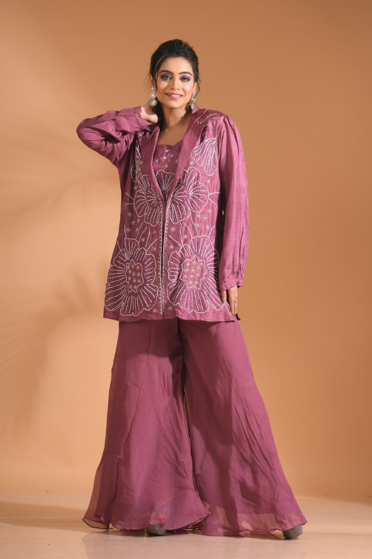 Morchari 3Pc Palazzo Set With Hand Embroidery - Purple - Distacart