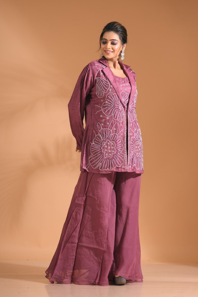 Morchari 3Pc Palazzo Set With Hand Embroidery - Purple - Distacart